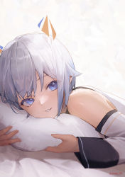 Rule 34 | 1girl, absurdres, blush, commentary, commission, detached sleeves, grey hair, highres, holding, holding pillow, long sleeves, looking at viewer, lying, on bed, on stomach, original, pillow, purple eyes, shirt, short hair, smile, solo, sooon, twitter username, upper body, white background, white shirt