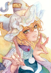 Rule 34 | 1girl, animal hat, blonde hair, breasts, double fox shadow puppet, fingernails, fox shadow puppet, fox tail, grin, hair between eyes, hands up, hat, highres, large breasts, lips, long sleeves, looking at viewer, medium hair, mob cap, multiple tails, norisio 21, nostrils, simple background, smile, solo, tabard, tail, tassel, teeth, touhou, traditional media, upper body, white background, wide sleeves, yakumo ran, yellow eyes