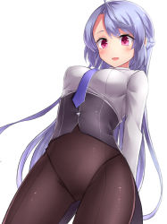 Rule 34 | 1girl, ahoge, arms behind back, braid, breasts, commentary request, corset, from below, highres, long hair, long sleeves, medium breasts, necktie, neit ni sei, no pants, open mouth, original, panties, pantyhose, pantyshot, purple eyes, purple hair, shirt, sidelocks, smile, solo, standing, underwear, white background, white shirt