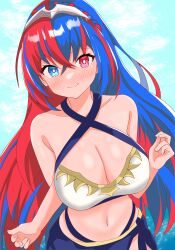 Rule 34 | 1girl, absurdres, alear (female) (fire emblem), alear (fire emblem), bare shoulders, blue eyes, blue hair, blush, braid, breasts, cleavage, closed mouth, criss-cross halter, crossed bangs, fire emblem, fire emblem engage, hair between eyes, halterneck, heterochromia, highres, large breasts, long hair, looking at viewer, multicolored hair, navel, nintendo, official alternate costume, red eyes, red hair, smile, solo, split-color hair, swimsuit, tiara, two-tone hair, very long hair, yuka7eile