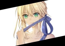Rule 34 | 1girl, artoria pendragon (fate), artoria pendragon (swimsuit archer) (fate), artoria pendragon (swimsuit archer) (first ascension) (fate), bare shoulders, blonde hair, braid, crown braid, fate/grand order, fate (series), fugounoshu, green eyes, hair between eyes, hair ribbon, holding, holding ribbon, light smile, looking at viewer, ribbon, short hair, sidelocks, simple background, solo, upper body, white background