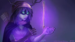 Rule 34 | 1girl, adventure time, arrow (projectile), brown horns, cape, colored sclera, colored skin, domino mask, elbow gloves, floating, floating object, gloves, green sclera, green skin, highres, horns, huntress wizard, mask, plant hair, purple theme, quiver, simple background, solo, vashperado