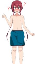 Rule 34 | 1girl, ?, absurdres, artist request, blue male swimwear, blue swim trunks, blush, embarrassed, feet out of frame, female focus, flat chest, highres, joukamachi no dandelion, long hair, looking at viewer, male swimwear, male swimwear challenge, navel, nipples, open mouth, red eyes, red hair, sakurada akane, simple background, solo, source request, standing, sweat, swim trunks, swimsuit, tagme, tearing up, tears, topless, trembling, white background