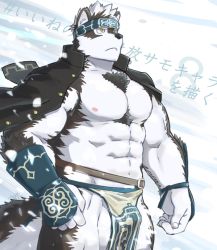 Rule 34 | 1boy, abs, animal ears, bara, bare pectorals, bulge, chest hair, furry, furry male, gakuran, grey fur, grey hair, headband, horkeu kamui, jacket, jacket on shoulders, large pectorals, looking up, male focus, multicolored hair, muscular, navel, nipples, pectorals, pelvic curtain, revealing clothes, school uniform, short hair, solo, stomach, tail, thick thighs, thighs, tokyo houkago summoners, two-tone fur, white fur, wolf boy, wolf ears, wolf tail, yanutorie, yellow eyes
