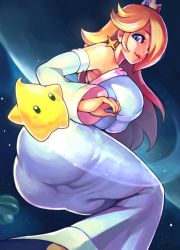 Rule 34 | 1girl, ass, babusgames, blonde hair, blue eyes, crown, detached sleeves, dress, earrings, floating, from side, hair over one eye, jewelry, long hair, looking back, looking down, luma (mario), mario (series), nintendo, rosalina, smile, solo, space, super mario galaxy, twisted torso