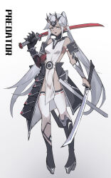 Rule 34 | 1girl, absurdres, arm strap, asymmetrical arms, black footwear, boots, bracer, breasts, chinese commentary, dress, dual wielding, earrings, eyeshadow, fang, grey eyes, grey hair, hair behind ear, highres, holding, holding sword, holding weapon, horns, jewelry, katana, long hair, makeup, medium breasts, open mouth, original, pelvic curtain, platform boots, platform footwear, pointy ears, red eyeshadow, skin-covered horns, skin fang, solo, sword, thighhighs, twintails, very long hair, weapon, white dress, white thighhighs, youlan