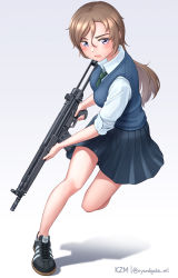 Rule 34 | 1girl, black footwear, black skirt, blush, breasts, brown hair, collared shirt, commentary request, full body, gradient background, green necktie, grey background, gun, h&amp;k g3, hair between eyes, highres, holding, holding gun, holding weapon, kzm (sub-moa works), long hair, looking at viewer, medium breasts, necktie, original, parted bangs, pleated skirt, purple eyes, running, school uniform, shadow, shirt, shoes, skirt, solo, sweater vest, very long hair, weapon, white background, white shirt