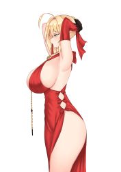 Rule 34 | 1girl, absurdres, adjusting hair, ahoge, blonde hair, blush, breasts, chain, crimecrime, dress, elbow gloves, fate/grand order, fate (series), from side, gloves, green eyes, hair intakes, highres, huge breasts, jewelry, mouth hold, necklace, nero claudius (fate), nero claudius (fate), nero claudius (fate/extra), red dress, red gloves, sideboob, simple background, solo, white background
