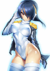 Rule 34 | 10s, 1girl, black jacket, blue hair, breasts, brown eyes, closed mouth, contrapposto, covered erect nipples, covered navel, cowboy shot, drawstring, emperor penguin (kemono friends), expressionless, groin, hair over one eye, hand in own hair, headphones, highres, jacket, kemono friends, large breasts, leotard, long hair, long sleeves, looking at viewer, matsuda (matsukichi), multicolored hair, open clothes, open jacket, pink lips, red hair, shiny skin, simple background, skin tight, standing, streaked hair, thighhighs, white background, white leotard, white thighhighs