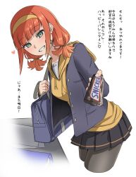 Rule 34 | 1girl, black pantyhose, black skirt, blue jacket, candy, copyright request, hairband, head tilt, highres, ismuth (bibibibirite), jacket, looking at viewer, orange hair, pantyhose, product placement, school uniform, shirt, skirt, smile, snickers (brand), solo, translation request, white background, wrapped candy, yellow hairband, yellow shirt