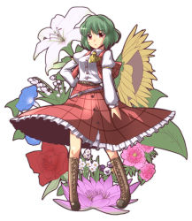 Rule 34 | 1girl, arm garter, ascot, belt, blouse, boots, cross-laced footwear, daffodil, female focus, flower, green hair, kazami yuuka, lace-up boots, lily (flower), lily of the valley, lotus, morning glory, multiple belts, plaid, plaid skirt, plaid vest, red eyes, red flower, red rose, rose, shirt, short hair, skirt, skirt set, solo, sunflower, touhou, vest, yoshi tama