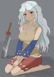 Rule 34 | 1girl, bad leg, bare shoulders, barefoot, between legs, blush, breasts, cleaver, collarbone, detached sleeves, dress, full body, grey background, grey hair, highres, kanisquirrel, large breasts, long hair, looking at viewer, multicolored clothes, multicolored dress, open mouth, planted, planted sword, planted weapon, purple eyes, ribbon, sakata nemuno, simple background, single strap, sitting, solo, sword, touhou, very long hair, wariza, weapon