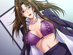 Rule 34 | 00s, 1girl, black rainbow, blush, bra, breasts, brown hair, cleavage, game cg, glasses, jewelry, large breasts, long hair, lying, navel, necklace, open clothes, open mouth, open shirt, purple bra, purple eyes, shirt, skirt, solo, soukan yuugi 2, souma natsuki, underwear