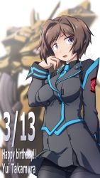 Rule 34 | 1girl, 547th sy, black pantyhose, black shirt, blue necktie, blurry, blurry background, blush, breasts, character name, collared shirt, dated, grey skirt, happy birthday, highres, looking to the side, mecha, medium breasts, military, military uniform, muv-luv, muv-luv alternative, muv-luv total eclipse, necktie, open mouth, pantyhose, purple eyes, robot, shirt, skirt, solo, tactical surface fighter, takamura yui, type 00 takemikazuchi, uniform, visor