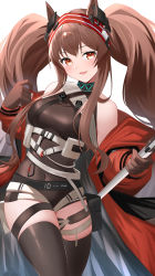 Rule 34 | 1girl, :d, absurdres, angelina (arknights), angelina (distinguished visitor) (arknights), animal ears, arknights, bad id, bad pixiv id, black shirt, breasts, brown gloves, brown hair, cowboy shot, earpiece, fox ears, gloves, hairband, highres, holding, holding staff, huge filesize, long hair, looking at viewer, medium breasts, official alternate costume, open mouth, red eyes, red hairband, ryuya, shirt, simple background, smile, solo, staff, thigh strap, thighs, twintails, white background