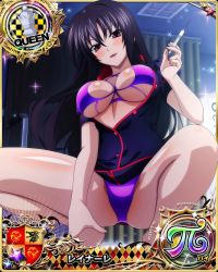 Rule 34 | 1girl, black hair, breasts, card (medium), chess piece, cleavage, high school dxd, highres, large breasts, long hair, official art, purple eyes, queen (chess), raynare, underboob