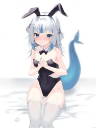 Rule 34 | 1girl, absurdres, animal ears, bare shoulders, blue eyes, blue hair, blue nails, blunt bangs, blurry, blurry background, blush, bow, bowtie, breasts, detached collar, fake animal ears, fins, fish tail, gawr gura, gluteal fold, hair ornament, highres, hololive, hololive english, leotard, long hair, looking at viewer, multicolored hair, nail polish, playboy bunny, rabbit ears, shark tail, sitting, small breasts, solo, strapless, strapless leotard, streaked hair, stu diho, tail, thighhighs, two side up, virtual youtuber, white hair, white thighhighs, wrist cuffs