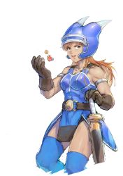 Rule 34 | 1girl, absurdres, armor, belt, blue armor, breasts, brown eyes, brown gloves, brown hair, cleavage, daisy (dq), dragon quest, dragon quest yuusha abel densetsu, fake horns, gloves, helmet, highres, horned helmet, horns, long hair, looking at viewer, open mouth, p!k@ru, simple background, solo, sword, thighhighs, weapon, white background