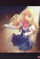 Rule 34 | 1girl, absurdres, blonde hair, blue eyes, blue hair, dress, earrings, female focus, gloves, gradient background, h2so4, highres, jewelry, long hair, macross, macross frontier, matching hair/eyes, open mouth, sheryl nome, single earring, sketch, solo, thighhighs, white gloves, white thighhighs