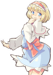 Rule 34 | 1girl, alice margatroid, arnest, blonde hair, blue dress, blue eyes, blush, bow, capelet, dress, hairband, hand on own face, lolita hairband, long sleeves, looking at viewer, open mouth, red bow, red sash, sash, shirt, short hair, thighs, touhou, white background, white capelet, white shirt