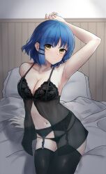 Rule 34 | 1girl, absurdres, armpits, arms up, babydoll, bed sheet, black bra, black panties, black thighhighs, blue hair, blush, bocchi the rock!, bra, breasts, cleavage, closed mouth, collarbone, garter belt, hair ornament, hairclip, highres, large breasts, looking at viewer, mole, mole under eye, navel, on bed, panties, pillow, qualthis, see-through, short hair, sitting, solo, thighhighs, underwear, underwear only, yamada ryo, yellow eyes