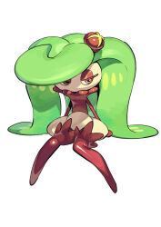 1girl arms_at_sides big_hair boots colored_skin creatures_(company) female_focus flat_chest full_body game_freak gen_7_pokemon green_hair hair_ornament half-closed_eyes invisible_chair long_hair looking_to_the_side monster_girl multicolored_skin nintendo no_mouth plant_girl pokemon pokemon_(creature) purple_boots purple_eyes purple_skin roly_poly_(aulischeung) sideways_glance simple_background sitting solo thigh_boots tsareena two-tone_skin very_long_hair white_background white_skin