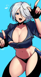Rule 34 | 1girl, angel (kof), artist name, breasts, cleavage, fang, grey hair, highres, index fingers raised, large breasts, legs, midriff, navel, open mouth, revealing clothes, short hair, smile, snk, the king of fighters, thick thighs, thighs, toned