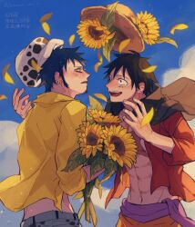 Rule 34 | 2boys, abs, blue sky, blush, cape, cloud, commentary request, demorzel, denim, earrings, facial hair, flower, fur hat, goatee, hat, holding, holding flower, jeans, jewelry, looking at another, male focus, monkey d. luffy, multiple boys, navel, one piece, open mouth, outdoors, pants, red shirt, scar, scar on face, shirt, sky, smile, straw hat, sunflower, trafalgar law, unworn hat, unworn headwear, yaoi, yellow eyes, yellow shirt
