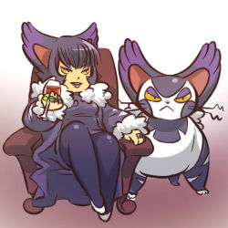 Rule 34 | 00s, 1girl, :&lt;, animal ears, black hair, cat, cat ears, chair, coat, creatures (company), cup, cupping glass, drinking glass, eyeshadow, fat, game freak, gen 4 pokemon, hitec, jewelry, lipstick, makeup, moemon, nintendo, open mouth, pantyhose, personification, pokemon, pokemon (creature), pokemon dppt, purple hair, purugly, ring, robe, sitting, what is a man?, whiskers, wine glass, yellow eyes