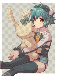 Rule 34 | 1girl, :o, antenna hair, blue hair, blue headwear, border, brown eyes, checkered background, chihiro (chihiro3399), commentary, eiyuu densetsu, eyelashes, feet out of frame, grey background, highres, knees together feet apart, looking at viewer, millium orion, outside border, own hands together, parted lips, pouch, sen no kiseki, sen no kiseki iii, short hair, simple background, sitting, solo, stuffed animal, stuffed rabbit, stuffed toy, white border, zipper, zipper pull tab
