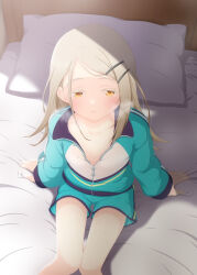 Rule 34 | 1girl, :o, arm support, bare legs, blush, breath, collarbone, commentary, feet out of frame, gakuen idolmaster, green shorts, highres, hosizora mikoto, idolmaster, jacket, light brown hair, long hair, looking at viewer, on bed, orange eyes, partially unzipped, shinosawa hiro, shorts, sitting, solo, track jacket, very long hair