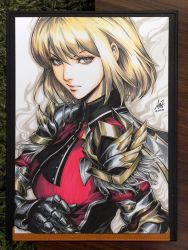 Rule 34 | 1girl, black collar, blonde hair, cape, cha hae-in, closed mouth, collar, from side, furrowed brow, gauntlets, grey background, grey eyes, highres, looking at viewer, portrait (object), serious, short hair, shoulder guard, smoke, solo, solo leveling, stanley lau, upper body