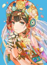 Rule 34 | 1girl, absurdres, bangle, bare shoulders, black hair, blue background, blue flower, bouquet, bracelet, buchi (qooo003), commentary request, eyebrows hidden by hair, flower, green eyes, highres, holding, holding bouquet, jewelry, looking at viewer, original, parted lips, pink flower, see-through, simple background, solo, upper body, white flower, yellow flower
