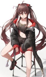 1girl :p ahoge belt belt_buckle black_belt black_jacket brown_camisole brown_hair brown_shorts buckle camisole casual collarbone colored_tips crop_top ebiri_fy flower flower-shaped_pupils genshin_impact gradient_hair hair_flower hair_ornament hair_ribbon highres hu_tao_(genshin_impact) jacket long_hair looking_at_viewer midriff multicolored_hair navel off_shoulder red_eyes red_hair ribbon shoes shorts sitting sneakers solo stomach stool symbol-shaped_pupils tassel thigh_strap thighs tongue tongue_out twintails