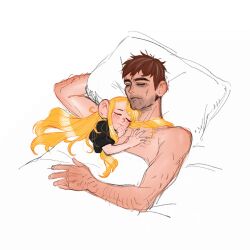 1boy 1girl aatom87 arm_hair beard_stubble blanket blonde_hair brown_hair chilchuck_tims chilchuck_tims_(tallman) commentary dungeon_meshi facial_hair marcille_donato marcille_donato_(half-foot) messy_hair pillow size_difference sleeping stubble symbol-only_commentary