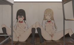 Rule 34 | 2girls, absurdres, black hair, blonde hair, bow, bowtie, bra, bra lift, breasts, chair, closed eyes, exhibitionism, female masturbation, functionally nude, hair between eyes, hand on own chest, highres, indoors, large breasts, lemontyoisy r18, long hair, looking at another, masturbation, medium breasts, multiple girls, nipples, on floor, on ground, open mouth, original, pink bra, public indecency, pussy juice, red bow, red bowtie, school uniform, shirt, sitting, socks, underwear, white shirt, yellow eyes, yuri