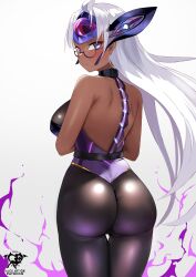 Rule 34 | 1girl, absurdres, android, ass, bare shoulders, blue eyes, breasts, cleavage, cyborg, dark-skinned female, dark skin, elbow gloves, forehead protector, glasses, gloves, highres, kaos art, large breasts, long hair, looking at viewer, pantyhose, solo, t-elos, t-elos re:, very long hair, white hair, xeno (series), xenoblade chronicles (series), xenoblade chronicles 2, xenosaga, xenosaga episode iii