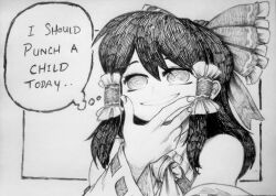 Rule 34 | 1girl, ascot, bare shoulders, border, bow, chronozbergh, detached sleeves, english text, female focus, frilled bow, frills, greyscale, grin, hair bow, hair tubes, hakurei reimu, hand on own chin, happy, highres, long hair, long sleeves, monochrome, outside border, ribbon-trimmed sleeves, ribbon trim, shirt, sidelocks, simple background, sleeveless, sleeveless shirt, smile, solo, stroking own chin, teeth, thinking, thought bubble, touhou, traditional media, upper body, white background