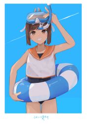 Rule 34 | 1girl, absurdres, black one-piece swimsuit, blue background, brown eyes, contrail, dark-skinned female, dark skin, diving mask, diving mask on head, goggles, goggles on head, highres, i-401 (kancolle), innertube, kantai collection, old school swimsuit, one-piece swimsuit, orange sailor collar, ponytail, sailor collar, sailor shirt, school swimsuit, shiranona, shirt, short hair, short ponytail, sidelocks, sleeveless, sleeveless shirt, solo, standing, swim ring, swimsuit, swimsuit under clothes, tan, thigh gap, white shirt