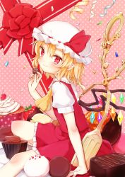 Rule 34 | 1girl, ascot, bad id, bad pixiv id, blonde hair, bow, cherry, chocolate, chocolate covered, commentary request, cupcake, dress, flandre scarlet, food, frilled shirt collar, frills, fruit, hair between eyes, hat, hat bow, holding, holding chocolate, holding food, honotai, looking at viewer, mob cap, nut (food), petticoat, pink background, pointy ears, polka dot, polka dot background, puffy short sleeves, puffy sleeves, red bow, red dress, red eyes, red ribbon, ribbon, short dress, short hair, short sleeves, side ponytail, sitting, solo, sprinkles, strawberry, streamers, thighs, tongs, touhou, valentine, wings, yellow ascot