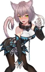 Rule 34 | 1girl, absurdres, ahoge, animal ears, atalanta (fate), atalanta alter (fate), atalanta alter (first ascension) (fate), bare shoulders, belt collar, black collar, black dress, black pantyhose, blush, braid, breasts, cat ears, cat tail, chain, claws, collar, dress, fate/apocrypha, fate (series), french braid, green eyes, grey hair, hair between eyes, highres, jun (aousa0328), long sleeves, looking at viewer, medium breasts, open mouth, pantyhose, short hair, simple background, solo, standing, tail, white background