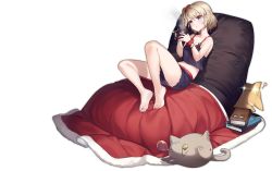 Rule 34 | 1girl, animal, azur lane, barefoot, bed, black shirt, black shorts, blue eyes, blush, breasts, cleavage, cup, hair ornament, hair scrunchie, highres, holding, kaede (yumesaki kaede), official alternate costume, official art, reclining, red curtains, red scrunchie, scrunchie, shirt, short hair, shorts, solo, steam, thighs, transparent background, wrist scrunchie, z23 (azur lane), z23 (keeper of the comf-fort) (azur lane)