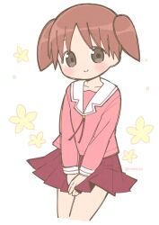 Rule 34 | 1girl, artist name, azumanga daioh&#039;s school uniform, azumanga daiou, blush, brown eyes, c:, collarbone, commentary, cropped legs, floral background, hnnkckn, long sleeves, looking at viewer, mihama chiyo, orange hair, pink shirt, pink skirt, pleated skirt, school uniform, shirt, short hair, short ponytail, signature, skirt, smile, solo, twitter username, v arms, white background, winter uniform