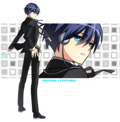Rule 34 | 1boy, bad id, bad pixiv id, blue eyes, blue hair, card, headphones, looking at viewer, looking back, male focus, matching hair/eyes, persona, persona 3, ron (lovechro), school uniform, short hair, solo, white background, yuuki makoto (persona 3), zoom layer