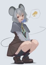 Rule 34 | 1girl, absurdres, animal ears, brown footwear, capelet, cheese, crystal, dress, food, full body, grey background, grey capelet, grey dress, grey hair, grey socks, highres, jewelry, lenserd, loafers, mouse ears, mouse tail, nazrin, necklace, parted lips, red eyes, shoes, simple background, socks, solo, speech bubble, squatting, tail, touhou