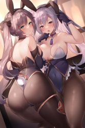Rule 34 | 2girls, animal ears, aqua eyes, ass, bare shoulders, black bow, black choker, bow, breasts, brown legwear, choker, cleavage, cleft of venus, closed mouth, covered navel, fake animal ears, genshin impact, gloves, hair bow, highres, huge ass, keqing (genshin impact), large breasts, leotard, long hair, looking at viewer, mona (genshin impact), multiple girls, open mouth, pantyhose, playboy bunny, purple gloves, purple hair, rabbit ears, rabbit tail, red eyes, sora 72-iro, tail, twintails