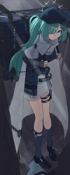 Rule 34 | 1girl, absurdres, backpack, bag, black hat, black jacket, black legwear, blue archive, breasts, cape, closed mouth, fingerless gloves, full body, gloves, green eyes, green hair, grey gloves, hair ornament, hair over one eye, hairclip, hat, high heels, highres, hiyori (blue archive), holster, jacket, jaws (okdol0928), legwear garter, long hair, long sleeves, looking at viewer, medium breasts, raised eyebrows, side ponytail, skirt, smile, solo, split mouth, standing, strap pull, thigh holster, white cape