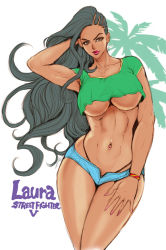 Rule 34 | 1girl, abs, alternate costume, asymmetrical hair, black hair, blouse, bracelet, breasts, brown eyes, clothes writing, cornrows, crop top, curvy, dark-skinned female, dark skin, fighter, green shirt, hand on own thigh, huge breasts, jewelry, jiu-jitsuka, laura matsuda, long hair, looking at viewer, nail polish, navel, navel piercing, open fly, piercing, shirt, short shorts, shorts, solo, stomach, street fighter, street fighter v, tabe koji, thong, toned, underboob, wide hips