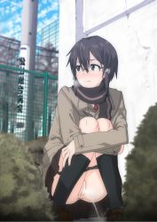 Rule 34 | 10s, 1girl, :|, asada shino, black hair, black panties, black socks, blurry, blush, breath, brown eyes, building, bush, censored, closed mouth, crossed arms, day, depth of field, fence, glasses, hair ornament, hair tie, highres, jacket, knees together feet apart, loafers, looking to the side, mosaic censoring, nose blush, outdoors, panties, panty pull, pee, peeing, pleated skirt, pussy, revision, scarf, school uniform, semi-rimless eyewear, shinku p, shoes, short hair, sidelocks, skirt, sky, socks, solo, squatting, sword art online, underwear