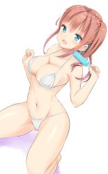Rule 34 | 1girl, :d, aymusk, bare arms, bare legs, bare shoulders, barefoot, bikini, blue eyes, blunt bangs, blush, breasts, brown hair, cleavage, collarbone, commentary request, cowboy shot, food, gluteal fold, groin, hands up, highres, holding, kneehighs, large breasts, long hair, looking at viewer, navel, one side up, open mouth, original, popsicle, sidelocks, smile, socks, solo, stomach, strap gap, swimsuit, transparent background, white bikini